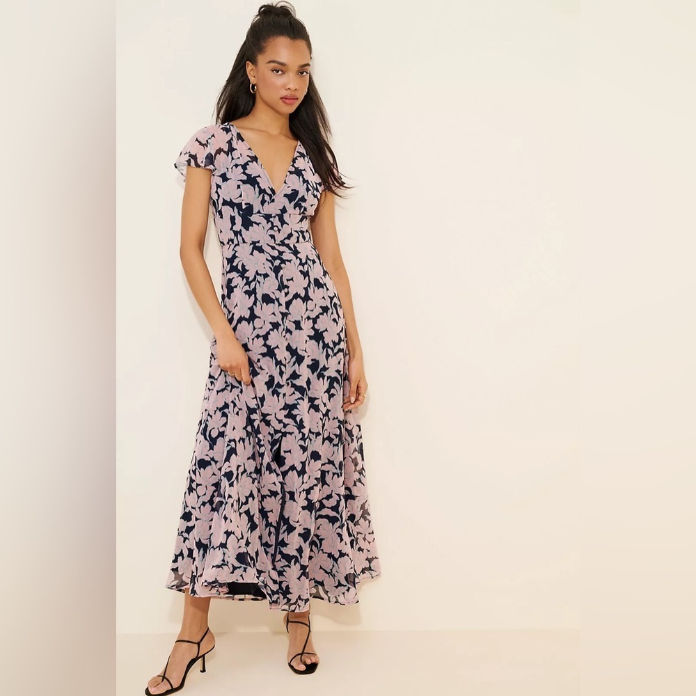 Hutch - Ruffle Sleeve Button Front  Maxi Dress - Navy and Pink Floral size 14